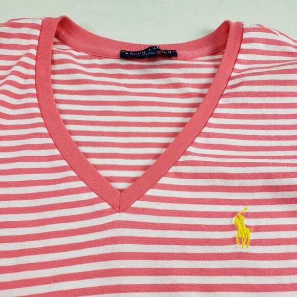 Ralph Lauren V Neck Shirt Womens Medium Coral Stripe Short Sleeve Pony Top Tee - Picture 2 of 7